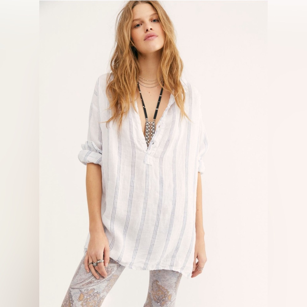 Stripe V-Neck Linen Shirt Sz. Med.